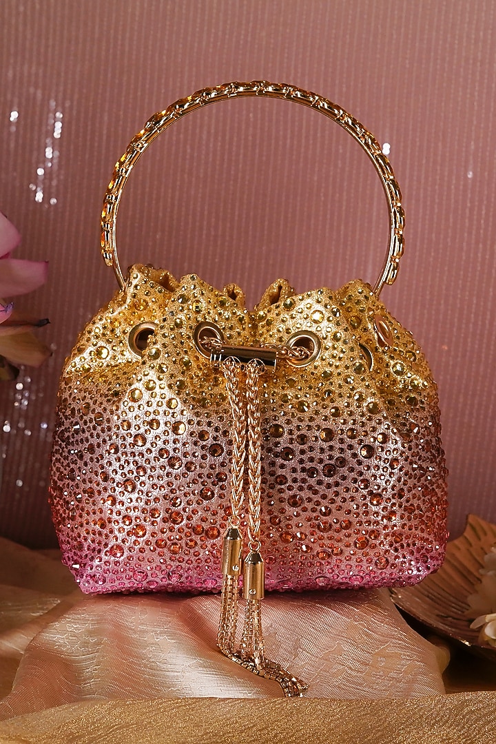 Gold & Pink Satin Crystal Potli by Be Chic at Pernia's Pop Up Shop