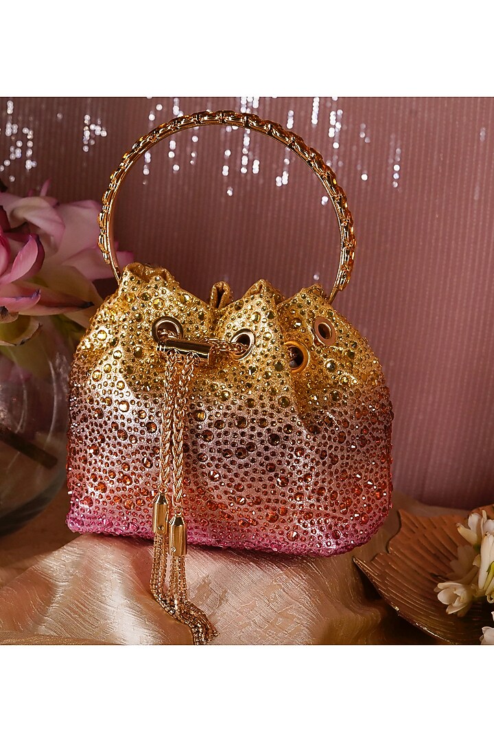 Gold & Pink Satin Crystal Potli by Be Chic at Pernia's Pop Up Shop