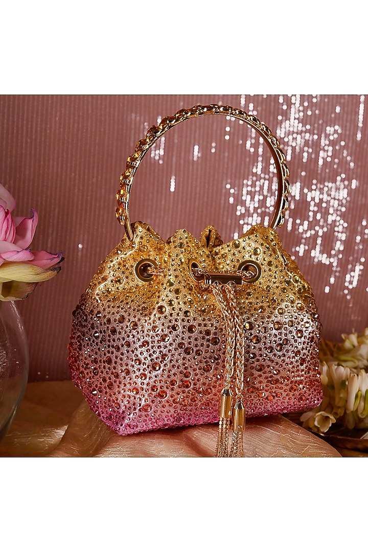 Gold & Pink Satin Crystal Potli by Be Chic at Pernia's Pop Up Shop