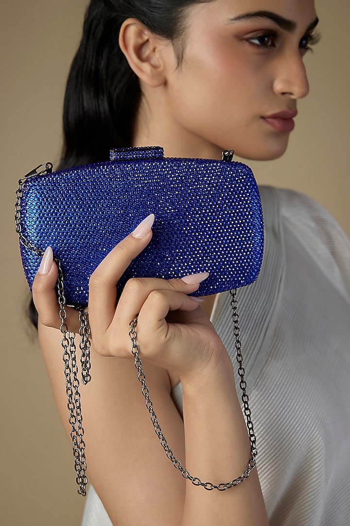 Blue Satin Crystal Embellished Clutch by Be Chic at Pernia's Pop Up Shop