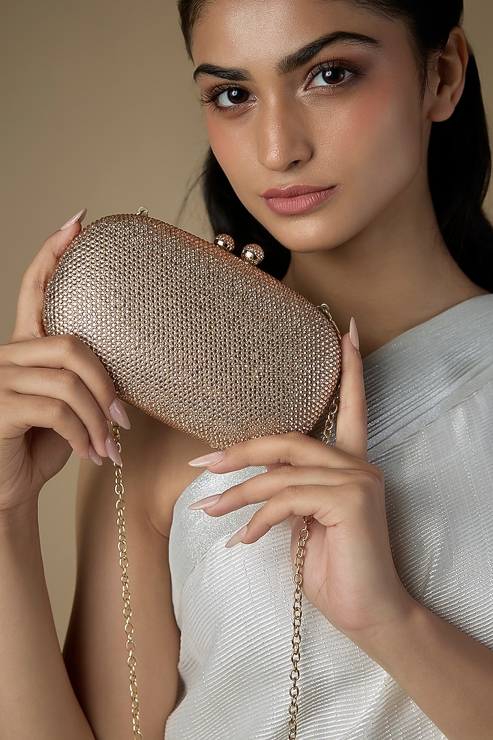 Rose Gold Satin Crystal Embellished Clutch by Be Chic at Pernia's Pop Up Shop