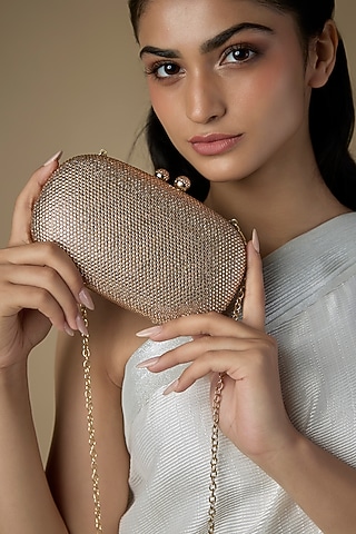 Rose Gold Satin Crystal Embellished Clutch by Be Chic