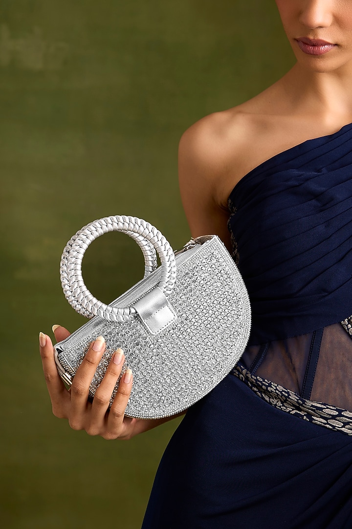 Silver Faux Leather Crystal Handbag by Be Chic at Pernia's Pop Up Shop