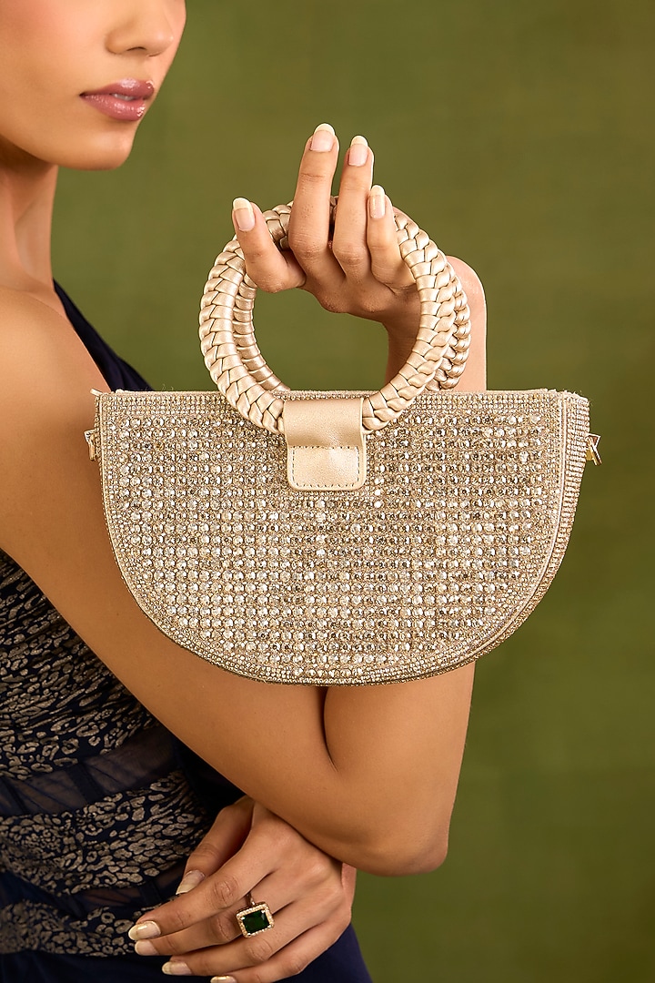 Gold Faux Leather Crystal Handbag by Be Chic at Pernia's Pop Up Shop