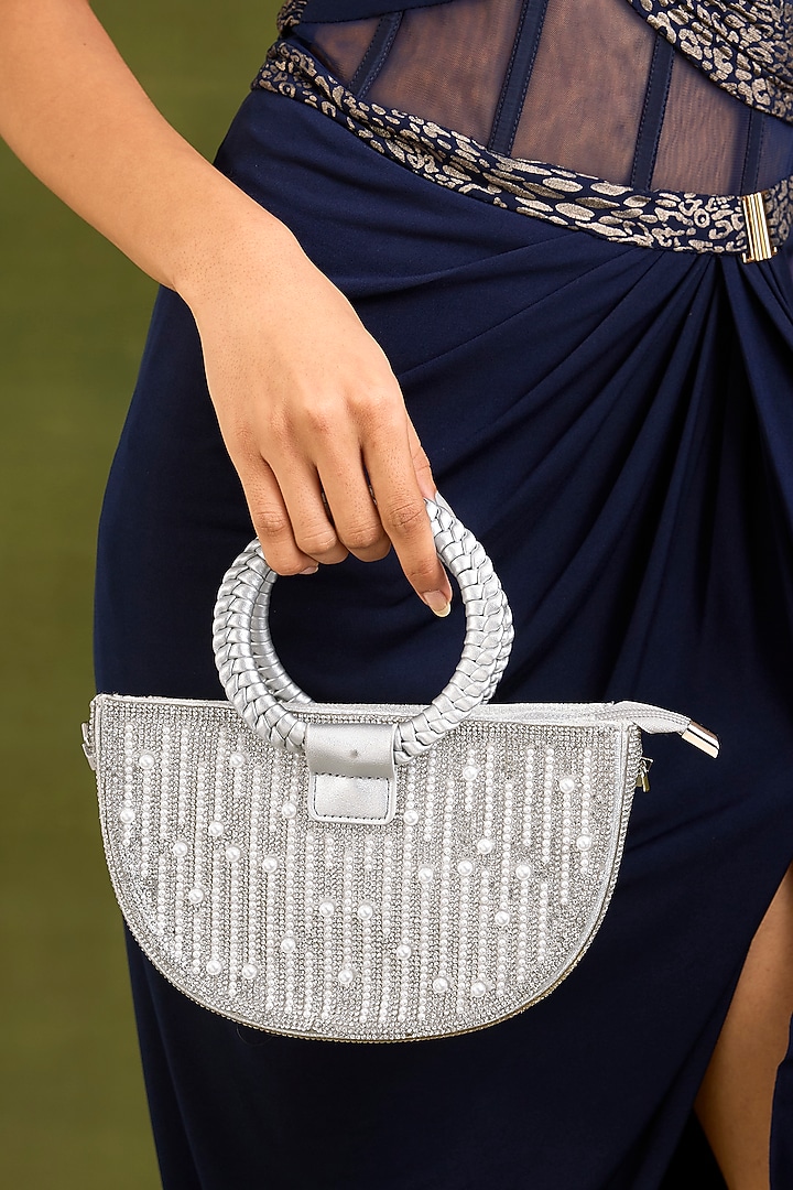 Silver Faux Leather Pearl & Crystal Handbag by Be Chic at Pernia's Pop Up Shop