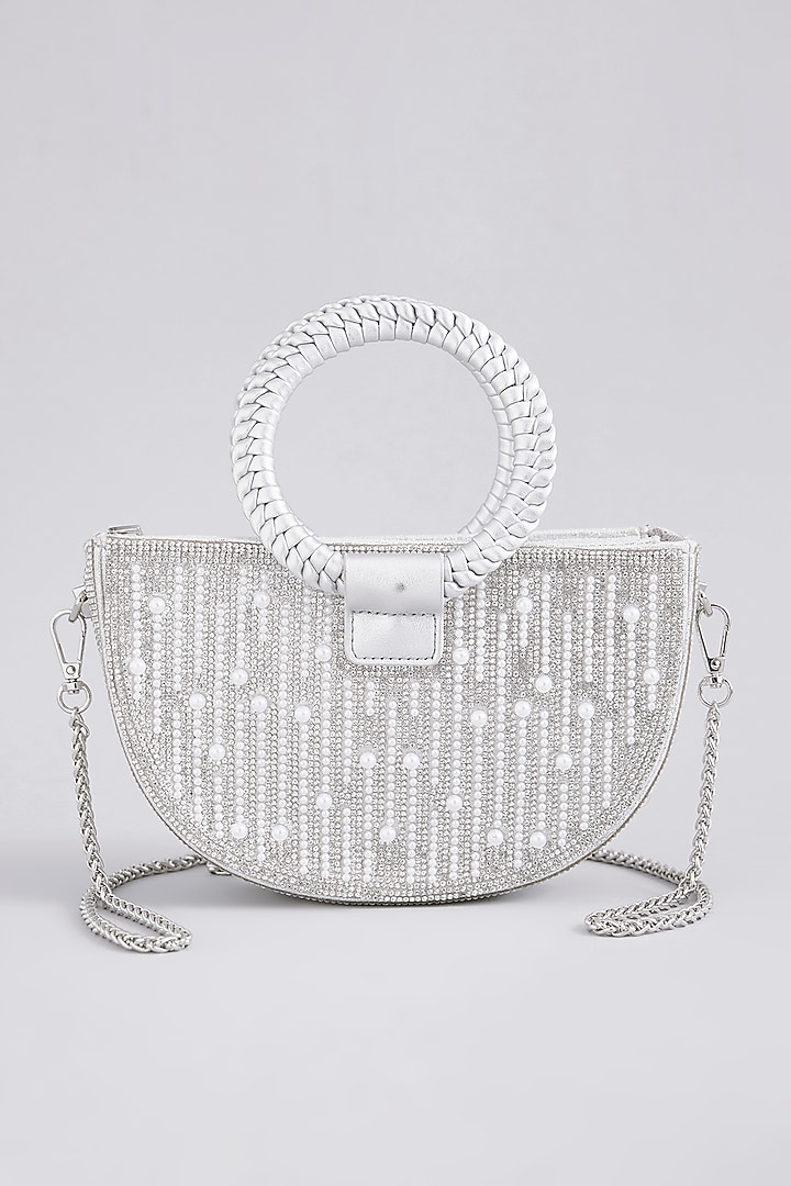 Silver Faux Leather Pearl & Crystal Handbag by Be Chic at Pernia's Pop Up Shop