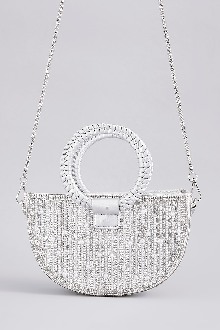 Silver Faux Leather Pearl & Crystal Handbag by Be Chic at Pernia's Pop Up Shop