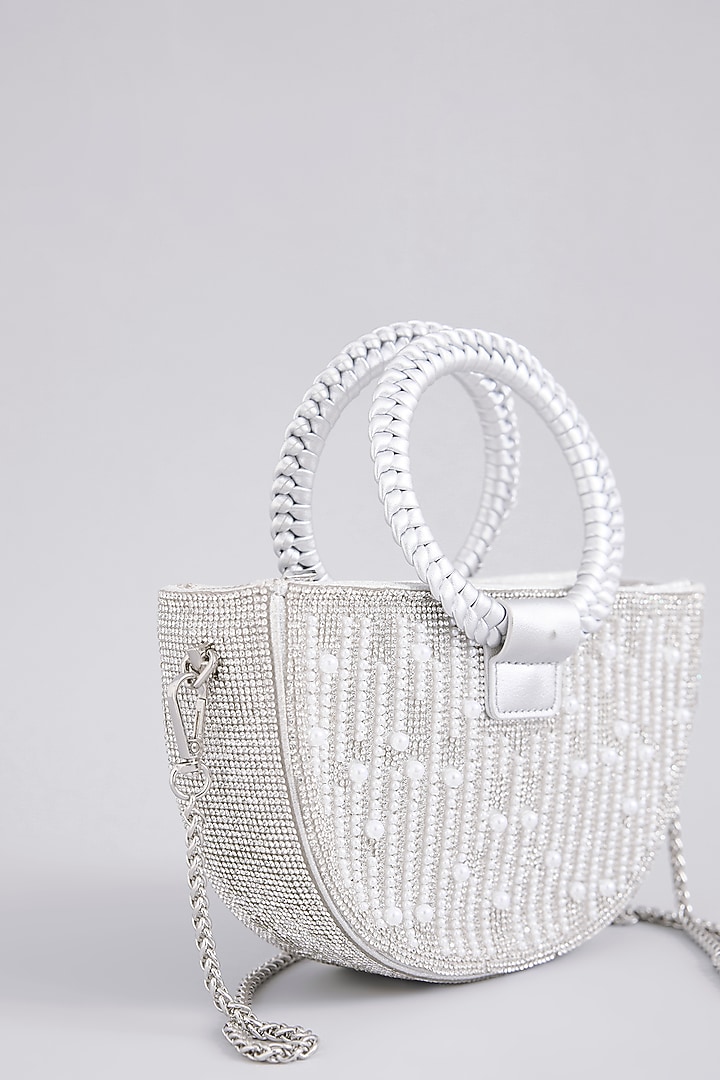 Silver Faux Leather Pearl & Crystal Handbag by Be Chic at Pernia's Pop Up Shop