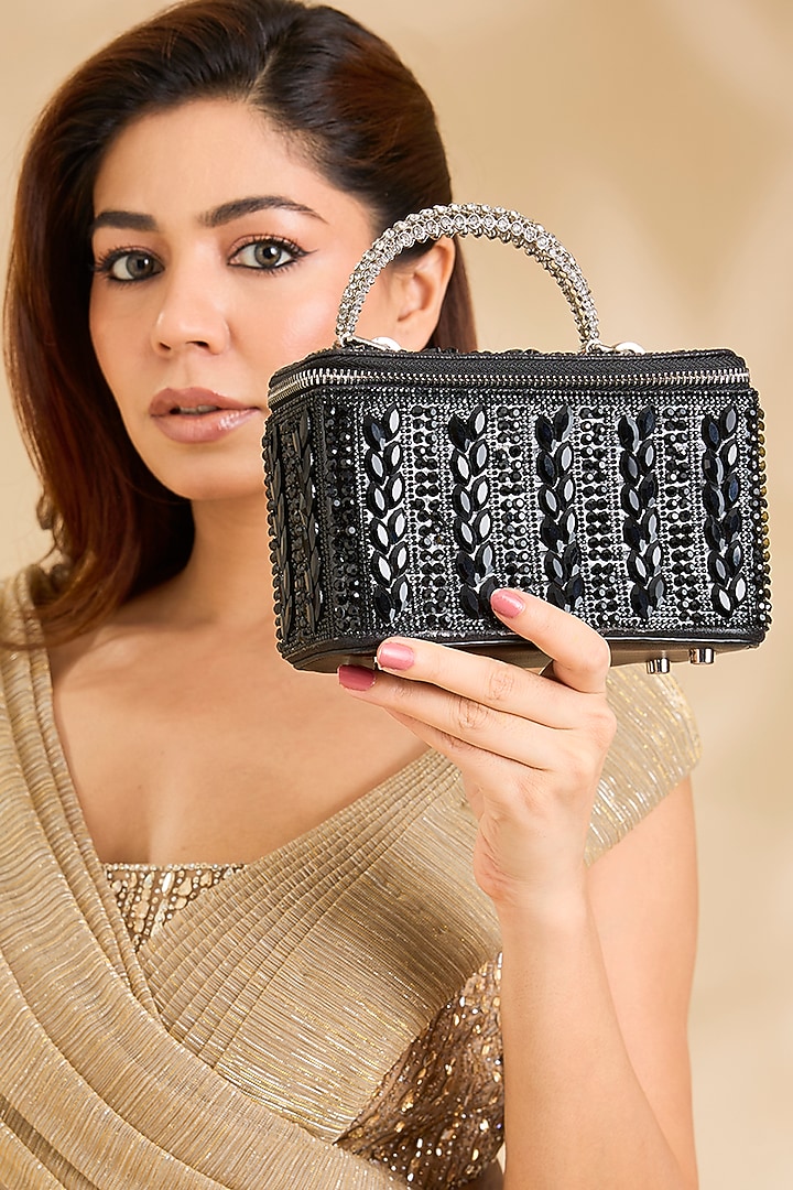 Black Faux Leather Crystal Vanity Bag by Be Chic at Pernia's Pop Up Shop
