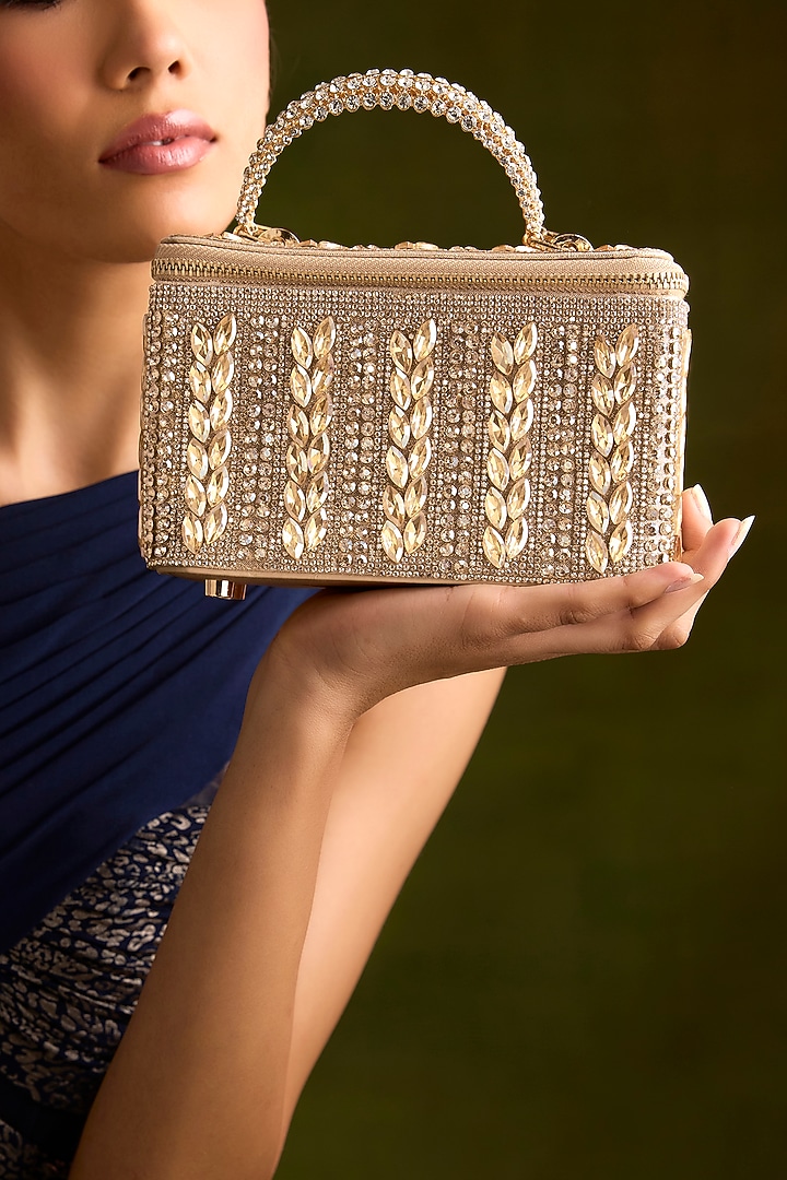 Rose Gold Faux Leather Leaf-Shaped Crystal Vanity Bag by Be Chic at Pernia's Pop Up Shop