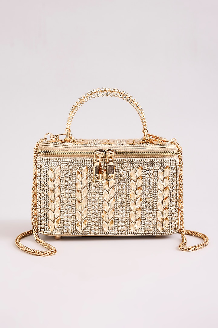 Rose Gold Faux Leather Leaf-Shaped Crystal Vanity Bag by Be Chic at Pernia's Pop Up Shop