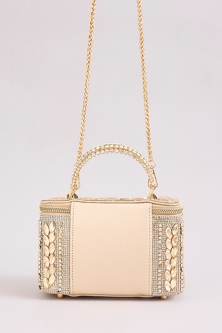Rose Gold Faux Leather Leaf-Shaped Crystal Vanity Bag by Be Chic at Pernia's Pop Up Shop