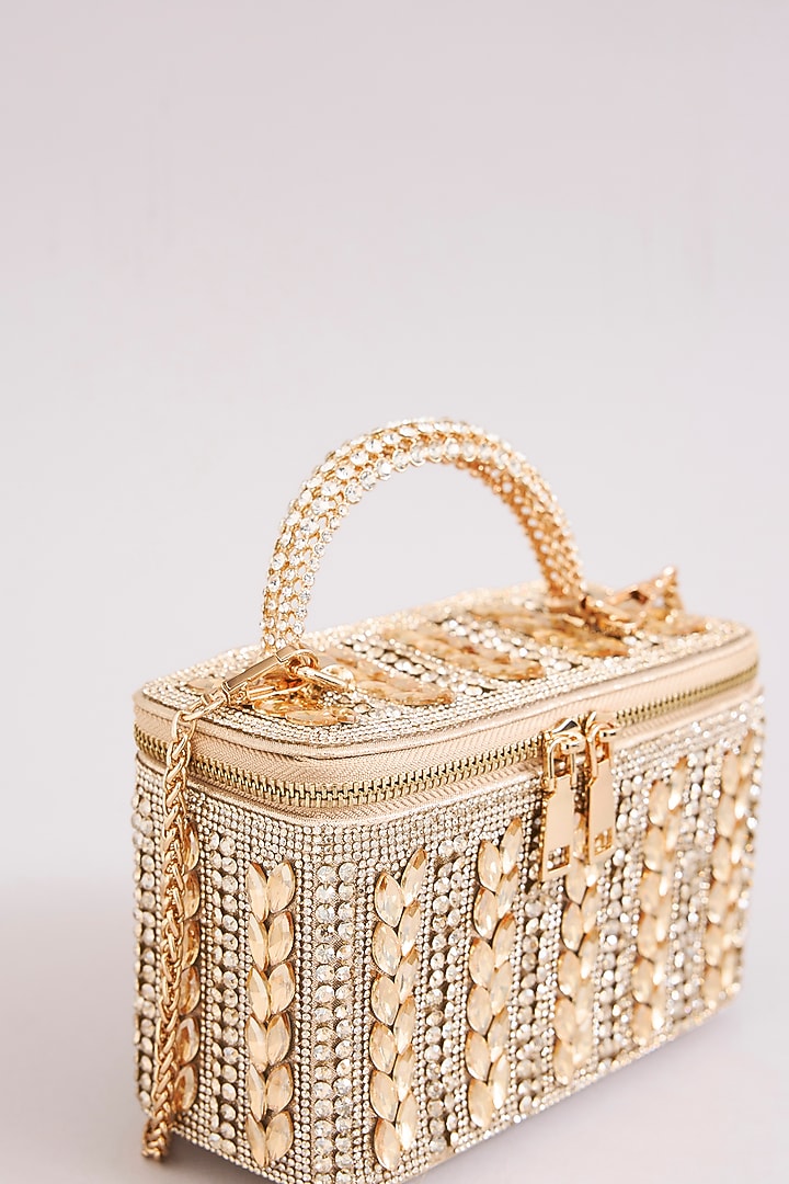 Rose Gold Faux Leather Leaf-Shaped Crystal Vanity Bag by Be Chic at Pernia's Pop Up Shop