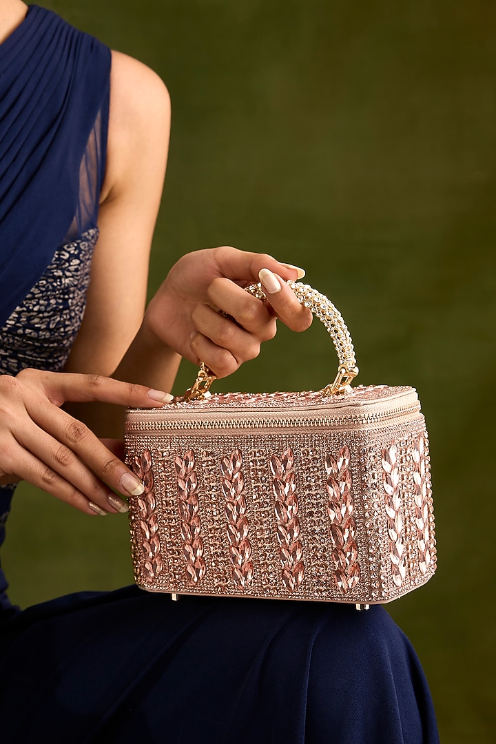 Rose Gold Faux Leather Leaf-Shaped Crystal Vanity Bag by Be Chic at Pernia's Pop Up Shop