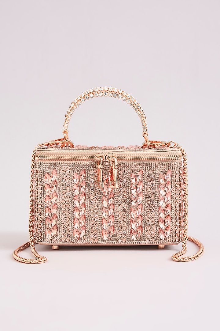 Rose Gold Faux Leather Leaf-Shaped Crystal Vanity Bag by Be Chic at Pernia's Pop Up Shop
