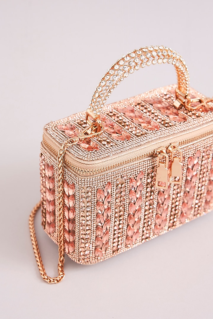 Rose Gold Faux Leather Leaf-Shaped Crystal Vanity Bag by Be Chic at Pernia's Pop Up Shop