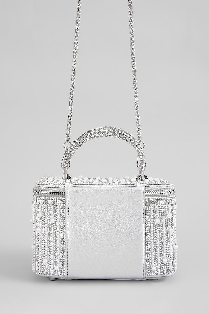 Silver Faux Leather Pearl Vanity Bag by Be Chic at Pernia's Pop Up Shop