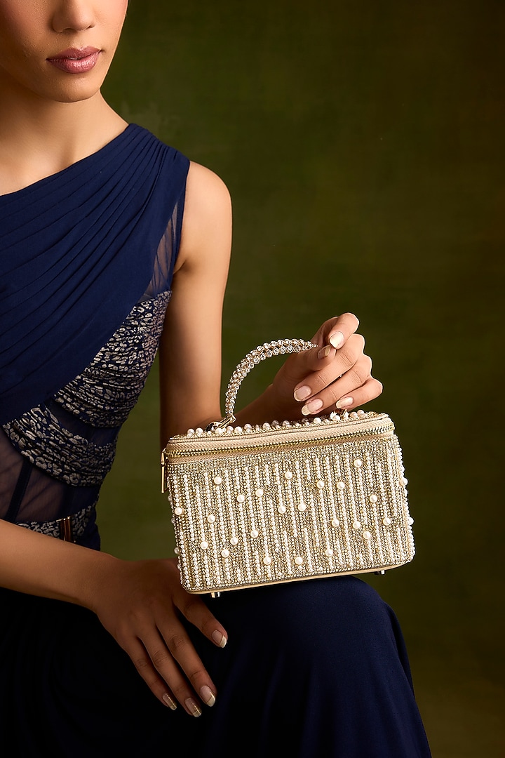 Gold Faux Leather Pearl Vanity Bag by Be Chic at Pernia's Pop Up Shop