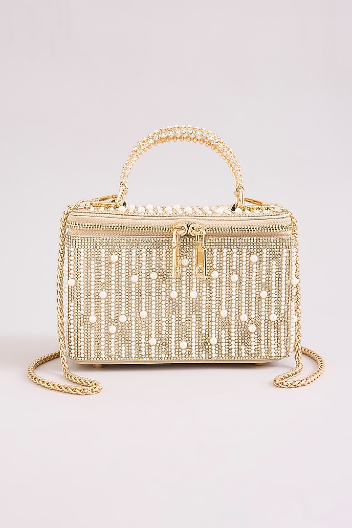 Gold Faux Leather Pearl Vanity Bag by Be Chic at Pernia's Pop Up Shop