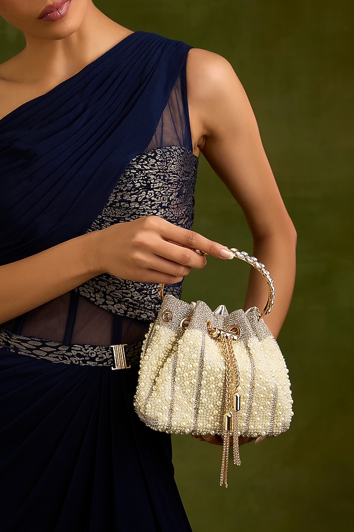Gold Faux Leather Pearl Bucket Bag by Be Chic at Pernia's Pop Up Shop