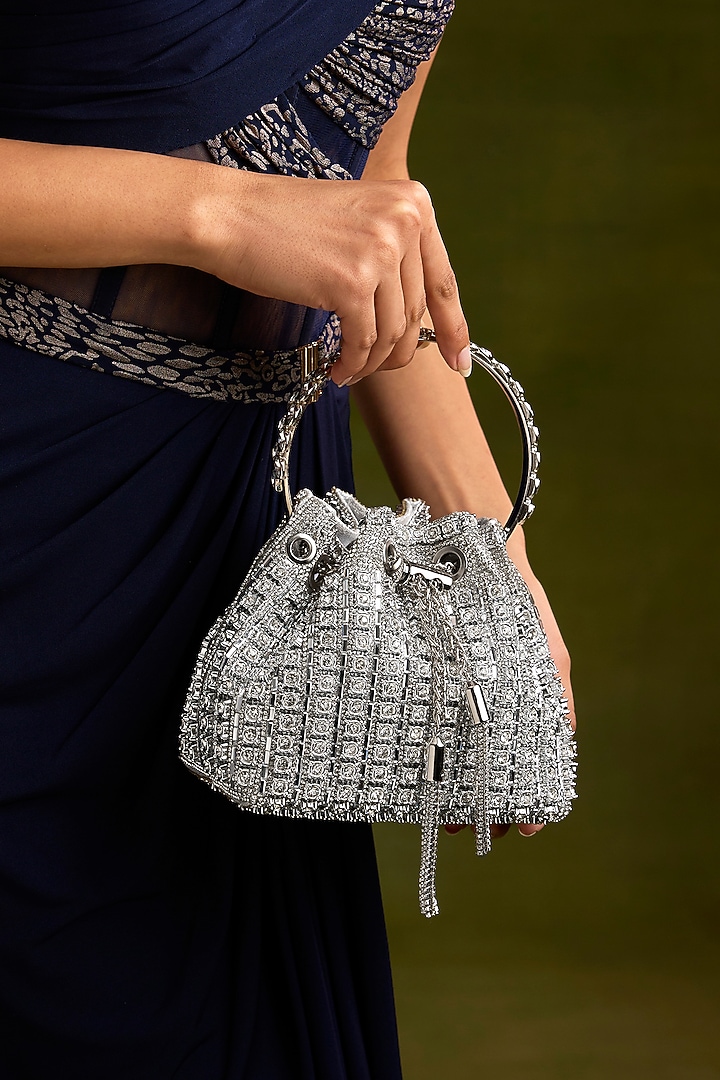 Silver Faux Leather Crystal Bucket Bag by Be Chic at Pernia's Pop Up Shop