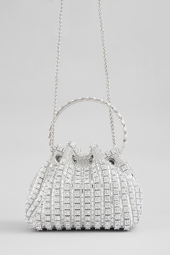 Silver Faux Leather Crystal Bucket Bag by Be Chic at Pernia's Pop Up Shop