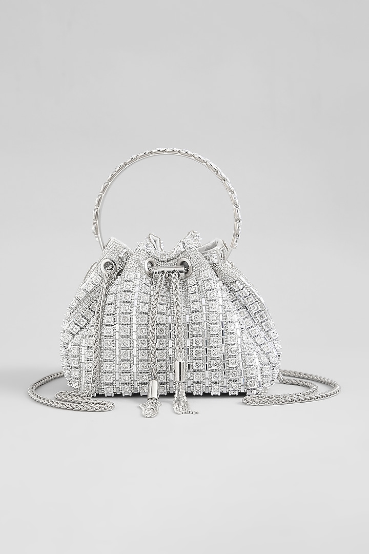 Silver Faux Leather Crystal Bucket Bag by Be Chic at Pernia's Pop Up Shop