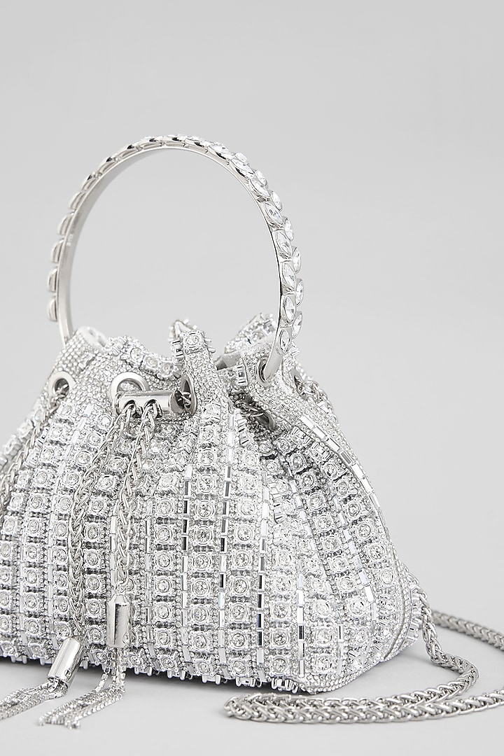 Silver Faux Leather Crystal Bucket Bag by Be Chic at Pernia's Pop Up Shop