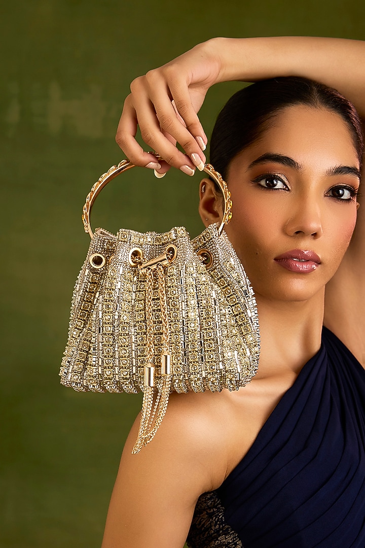Gold Faux Leather Crystal Bucket Bag by Be Chic at Pernia's Pop Up Shop