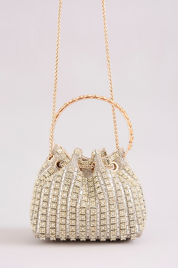 Gold Faux Leather Crystal Bucket Bag by Be Chic at Pernia's Pop Up Shop