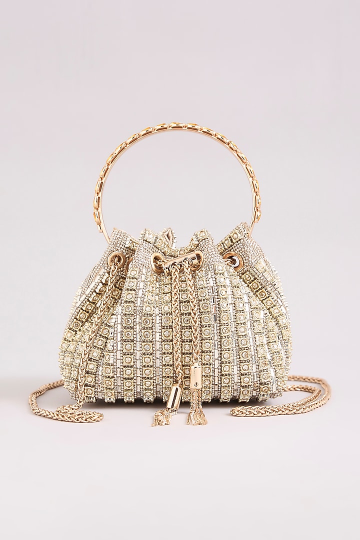Gold Faux Leather Crystal Bucket Bag by Be Chic at Pernia's Pop Up Shop