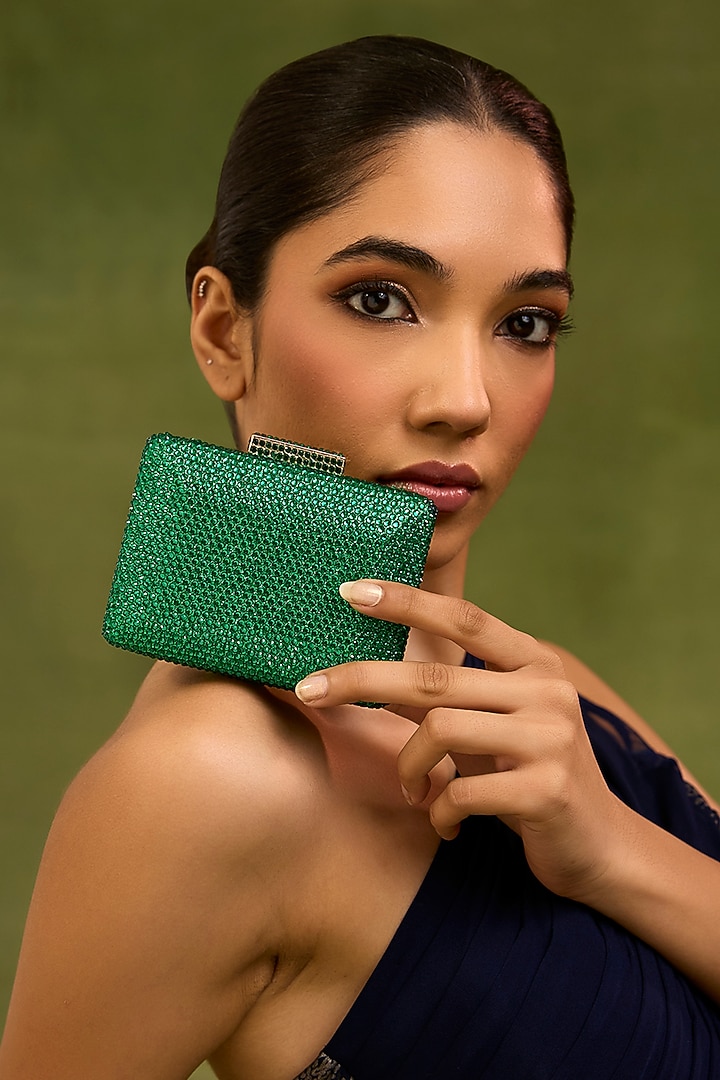Green Faux Leather Crystal Mini Box Clutch by Be Chic at Pernia's Pop Up Shop