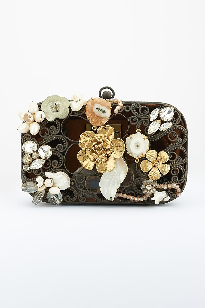 Dark Grey Mother Of Pearl Handcrafted Clutch by Be Chic