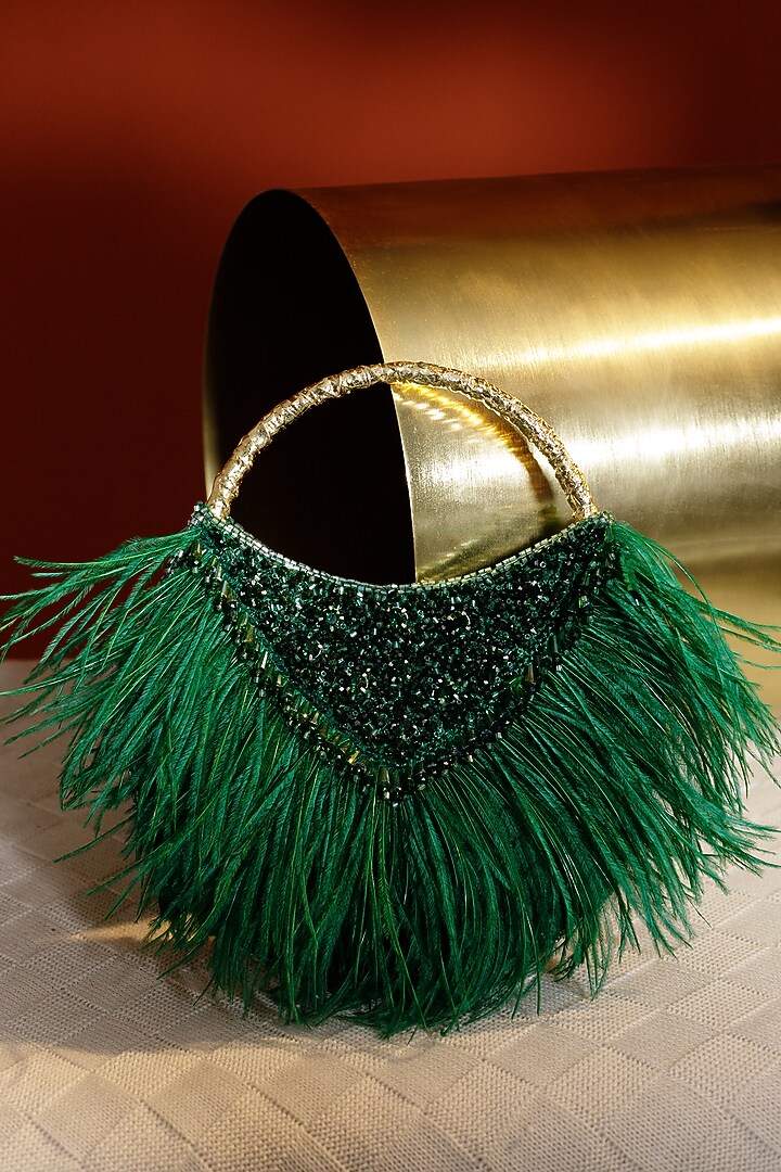Green Satin Hand Embroidered Clutch by Be Chic at Pernia's Pop Up Shop