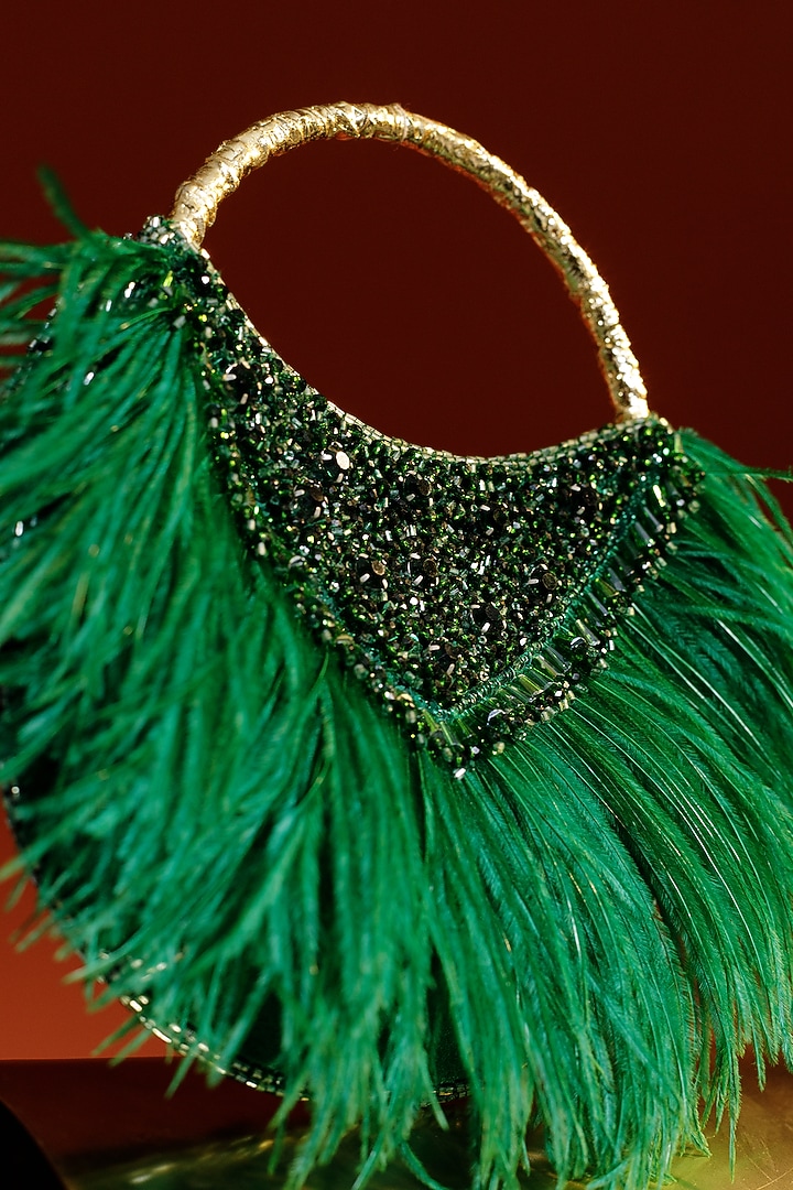 Green Satin Hand Embroidered Clutch by Be Chic at Pernia's Pop Up Shop