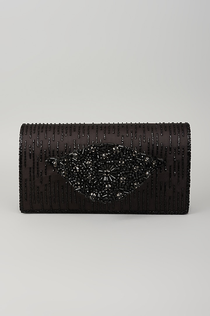 Black Satin & Metal Crystal Hand Embroidered Clutch by Be Chic at Pernia's Pop Up Shop
