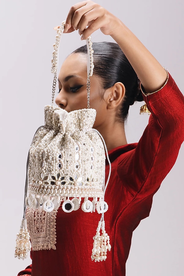 Ivory Silk Mirror Work Bucket Bag by Be Chic at Pernia's Pop Up Shop