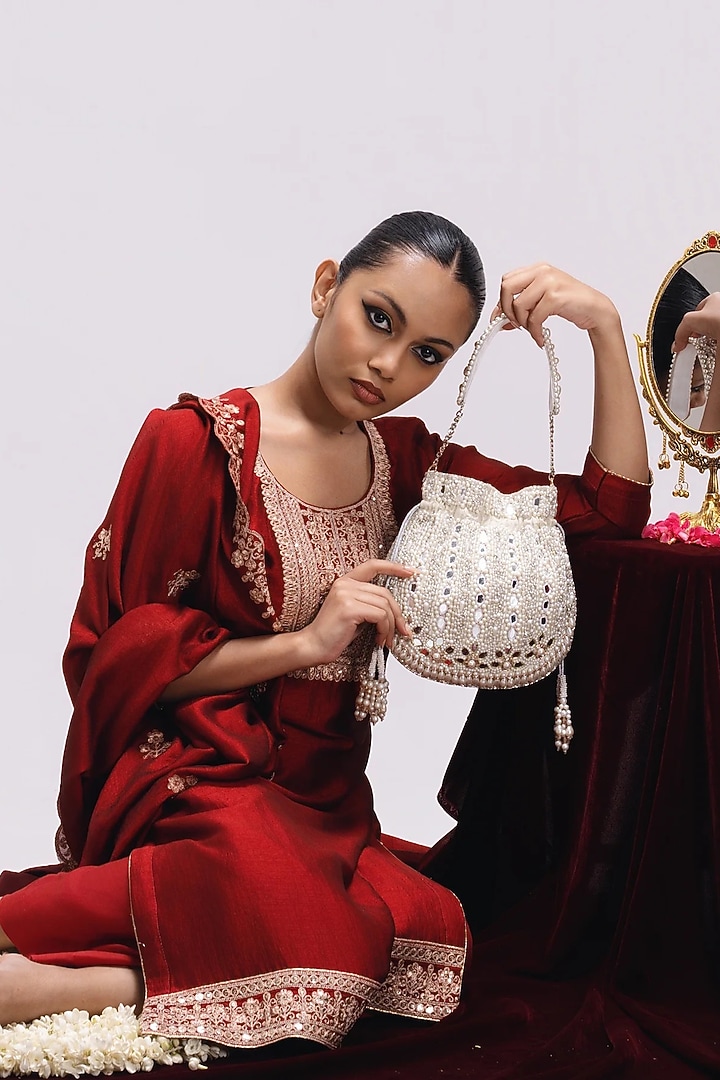 Ivory Silk Mirror Work Potli by Be Chic at Pernia's Pop Up Shop