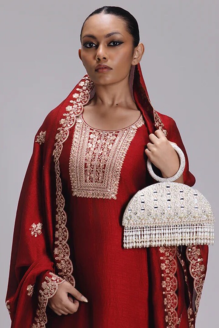 Ivory Silk Mirror Work Semicircle Clutch by Be Chic at Pernia's Pop Up Shop