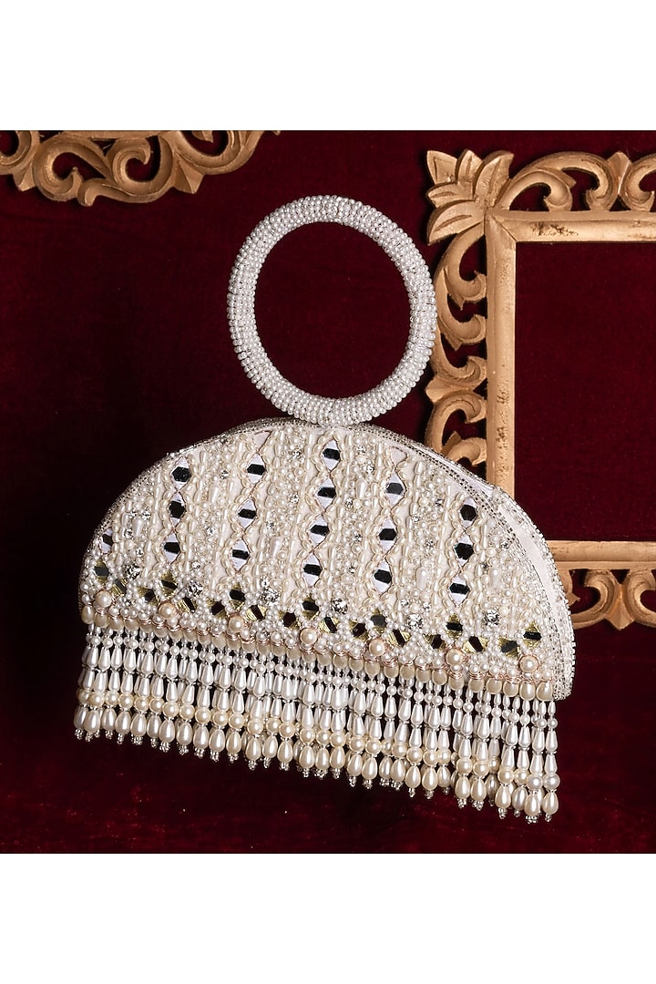 Ivory Silk Mirror Work Semicircle Clutch by Be Chic at Pernia's Pop Up Shop