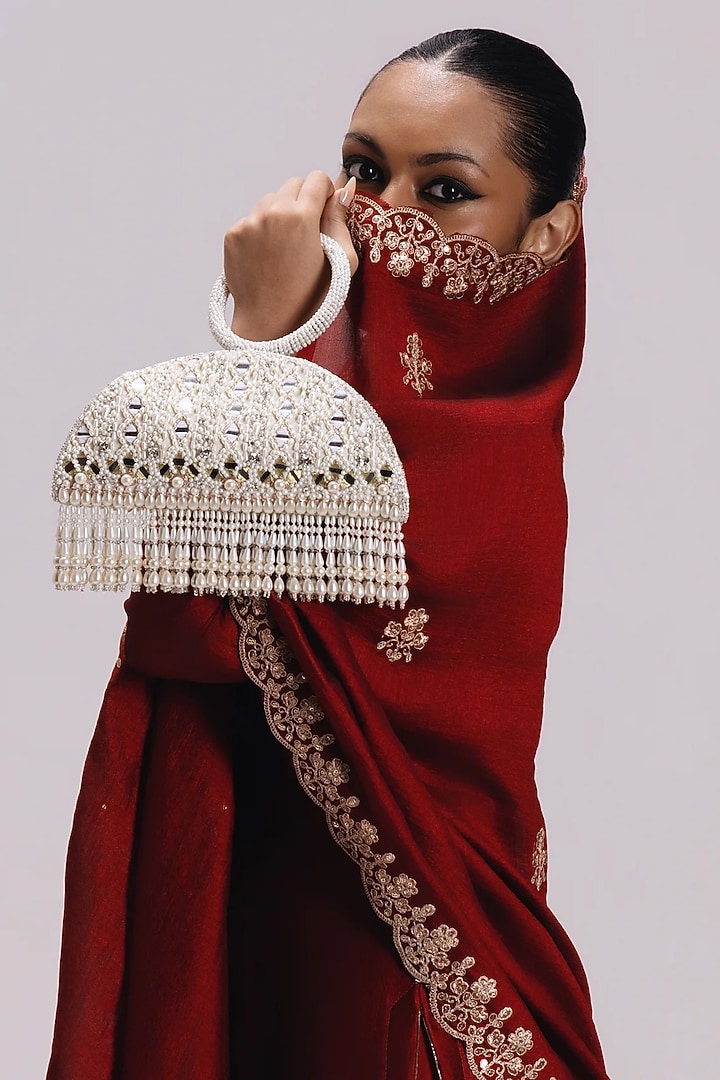 Ivory Silk Mirror Work Semicircle Clutch by Be Chic at Pernia's Pop Up Shop