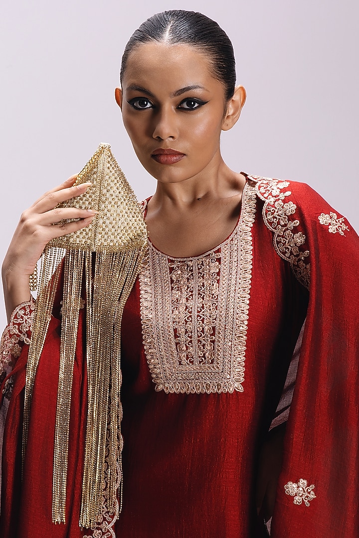 Gold Satin Embellished Triangle Tassel Potli by Be Chic at Pernia's Pop Up Shop