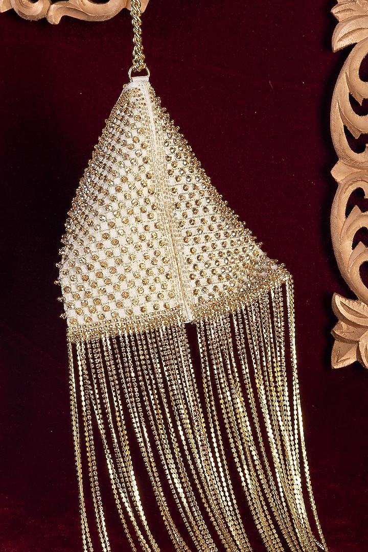 Gold Satin Embellished Triangle Tassel Potli by Be Chic at Pernia's Pop Up Shop
