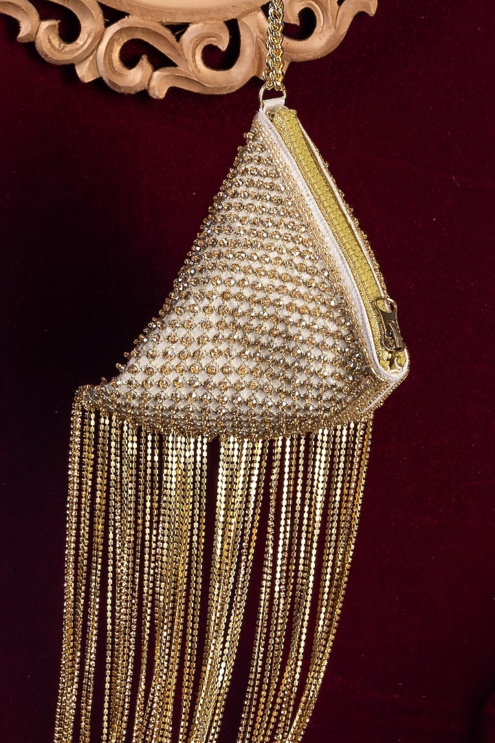Gold Satin Embellished Triangle Tassel Potli by Be Chic at Pernia's Pop Up Shop