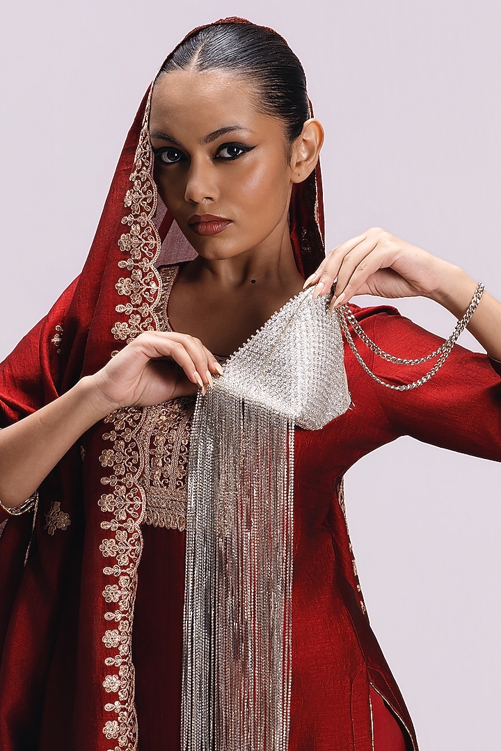 Silver Satin Embellished Triangle Tassel Potli by Be Chic at Pernia's Pop Up Shop