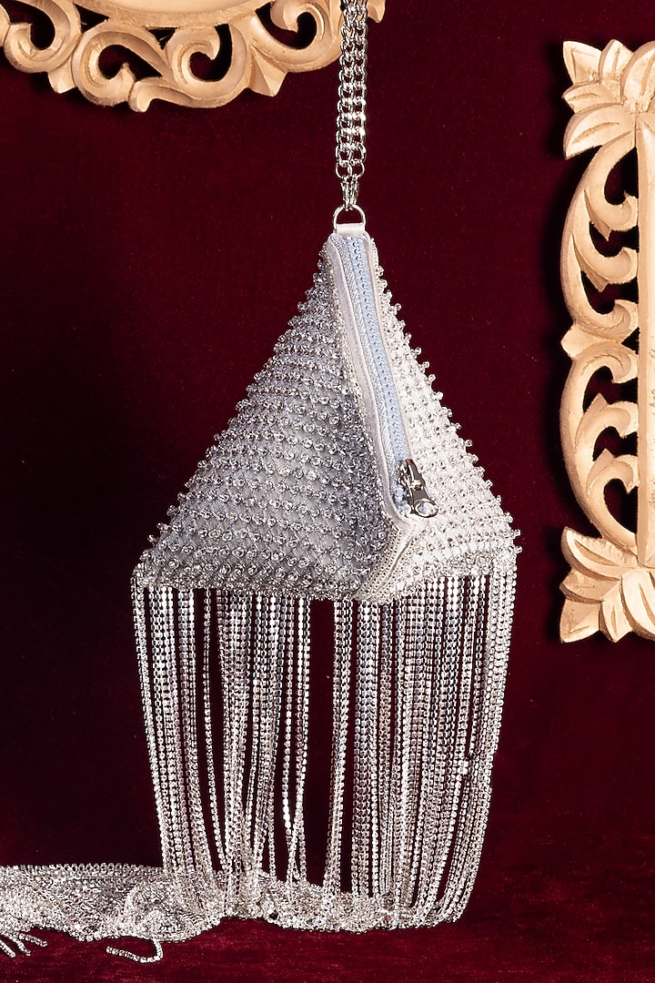 Silver Satin Embellished Triangle Tassel Potli by Be Chic at Pernia's Pop Up Shop