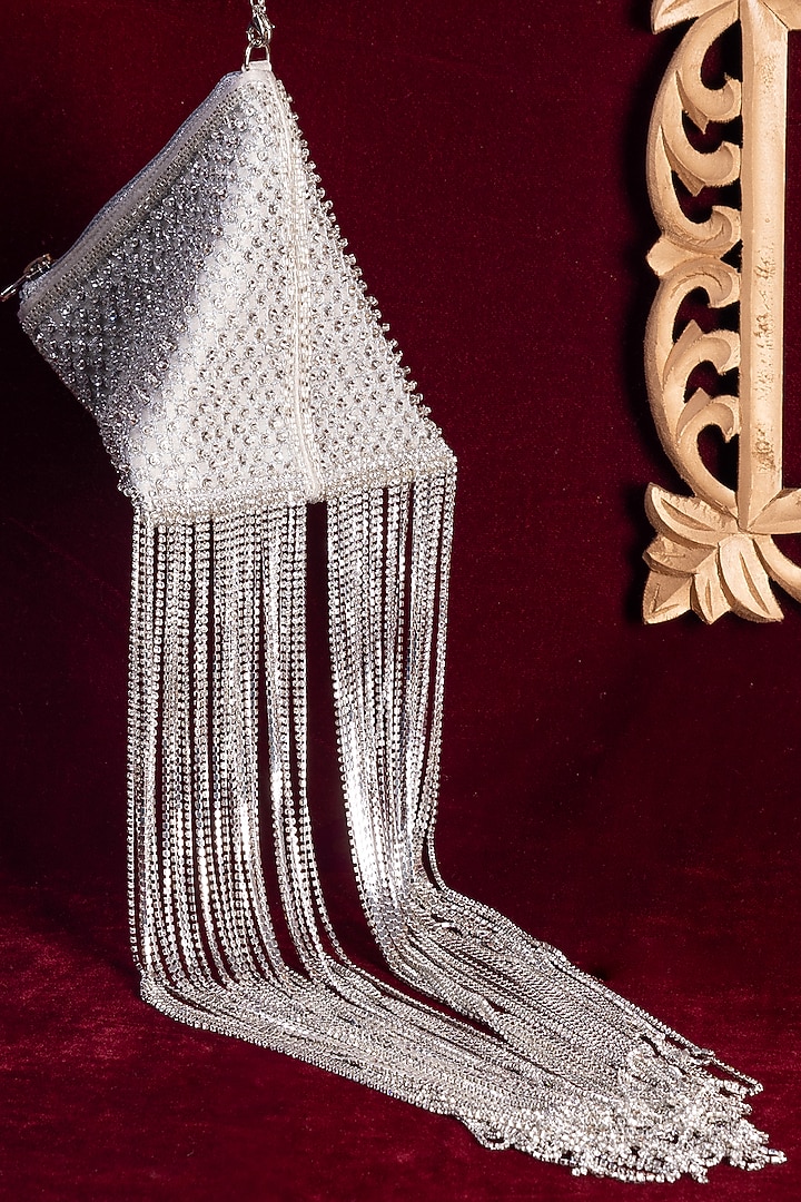Silver Satin Embellished Triangle Tassel Potli by Be Chic at Pernia's Pop Up Shop