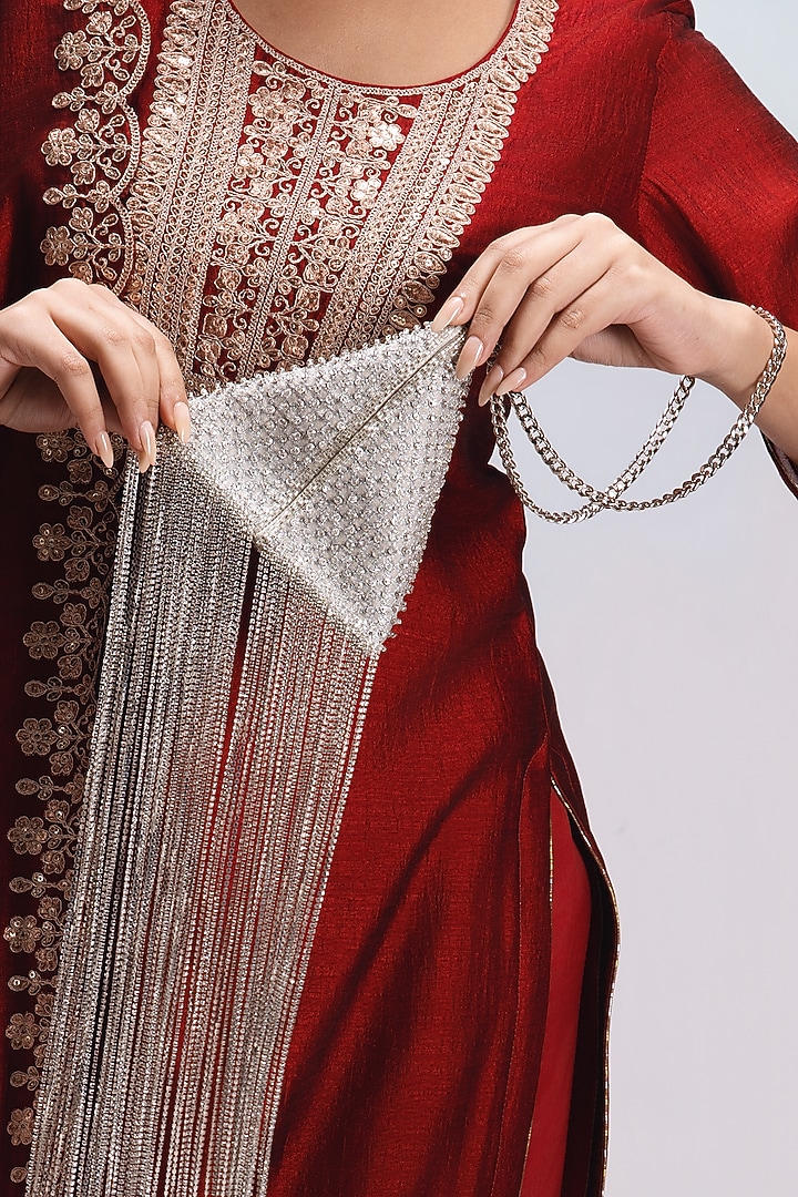 Silver Satin Embellished Triangle Tassel Potli by Be Chic at Pernia's Pop Up Shop