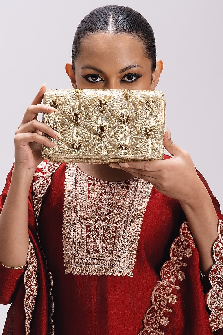 Gold Satin Embellished Rectangle Clutch by Be Chic at Pernia's Pop Up Shop