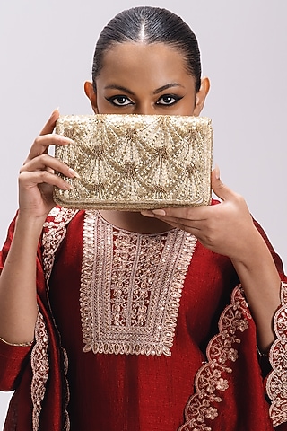 Gold Satin Embellished Rectangle Clutch by Be Chic